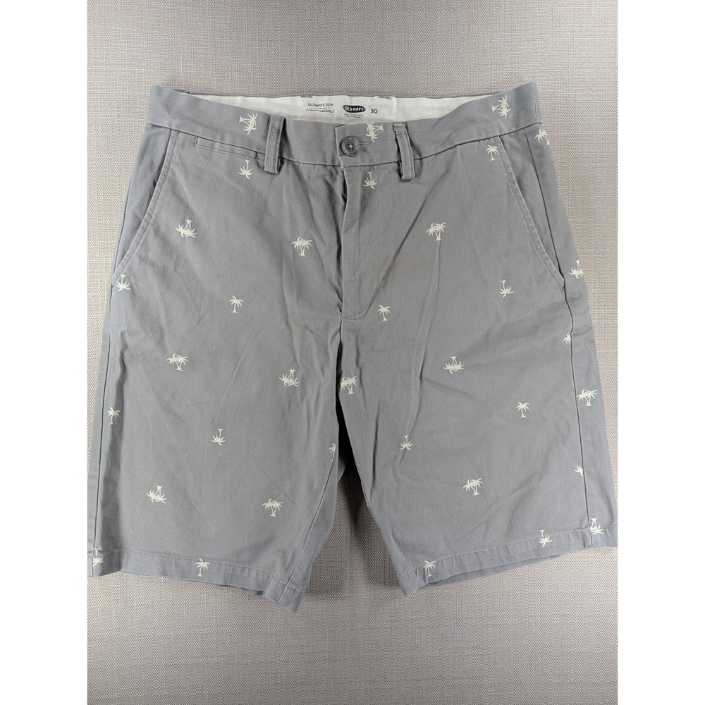Old Navy Ultimate Slim Mens 30 Gray Palm Tree Embroidered Chino Shorts Tropical